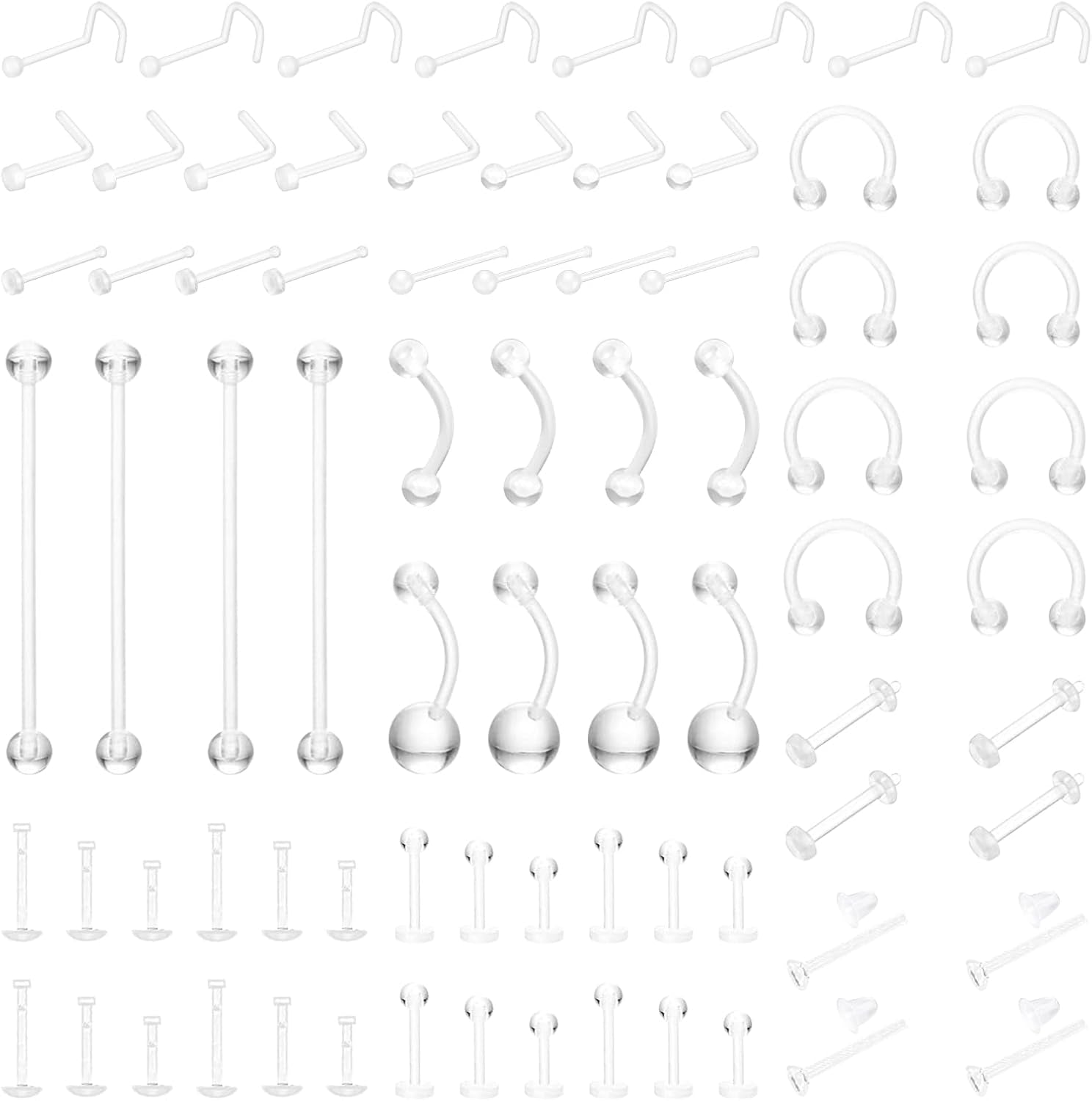 76-Pack Clear Piercing Retainer,Bioflex Body Jewelry for Eyebrow,Lip,Septum,Nose,Nipple,Navel,Tongue,Tragus|Discreet Industrial Piercing Retainer Kit for Surgery,Sports,Work|Unisex