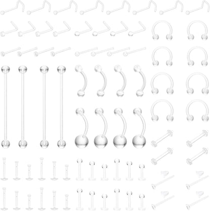 76-Pack Clear Piercing Retainer,Bioflex Body Jewelry for Eyebrow,Lip,Septum,Nose,Nipple,Navel,Tongue,Tragus|Discreet Industrial Piercing Retainer Kit for Surgery,Sports,Work|Unisex