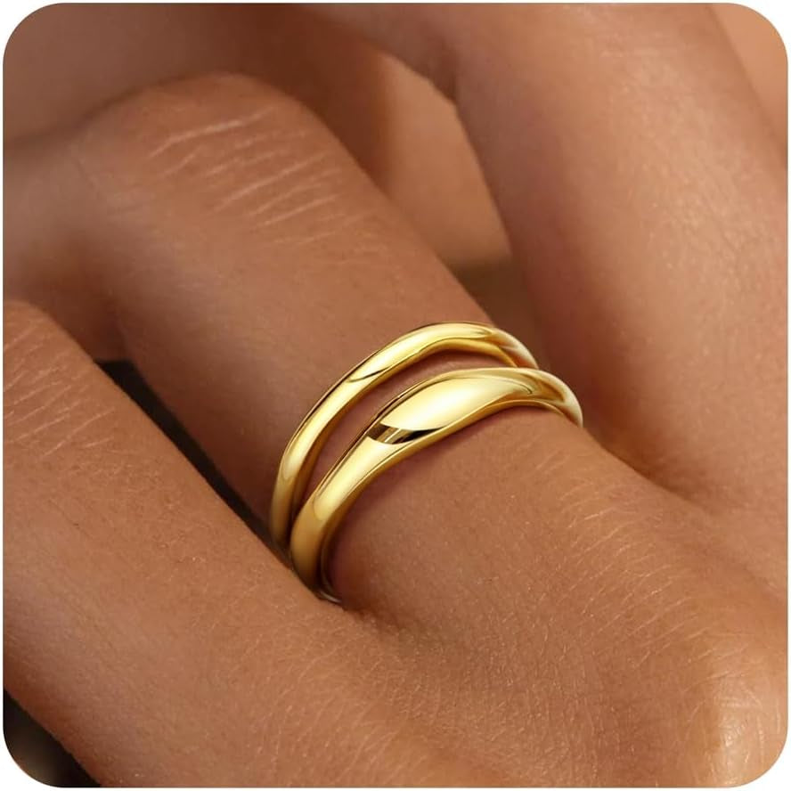 Stackable Gold Rings for Women Non Tarnish, Dainty 14K Gold Plated Chunky Stacking Rings Trendy Statement Pinky Thumb Rings Engagement Eternity Wedding Band Ring Stacking Gold Jewelry Size 4 5 6 7 8 9 10 11