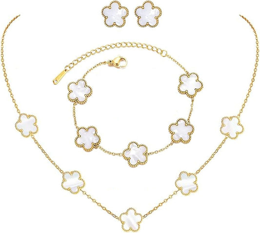 Lucky Five Leaf Clover Sets，18K Gold Plated Bracelet Necklace Earrings，Five Leaf Clover Necklace Pendant Earring Bracelet Set ，Jewelry Gifts for Women