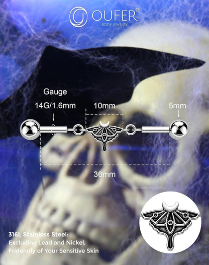 OUFER Moth Industrial Piercing Jewelry, Chain Industrial Bar, 316L Surgical Steel 14G Industrial Earrings for Women Men, Hallween Industrial Jewelry