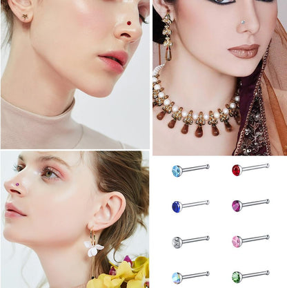 2 Sets 120 Pcs Stainless Steel Nose Ring Body Piercing Jewelry Nose Bone Stud Nose Hoop Crystal Hypoallergenic White+Multicolor