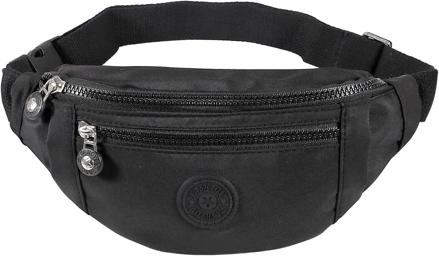 Large black crossbody fanny pack with 3-zipper pockets