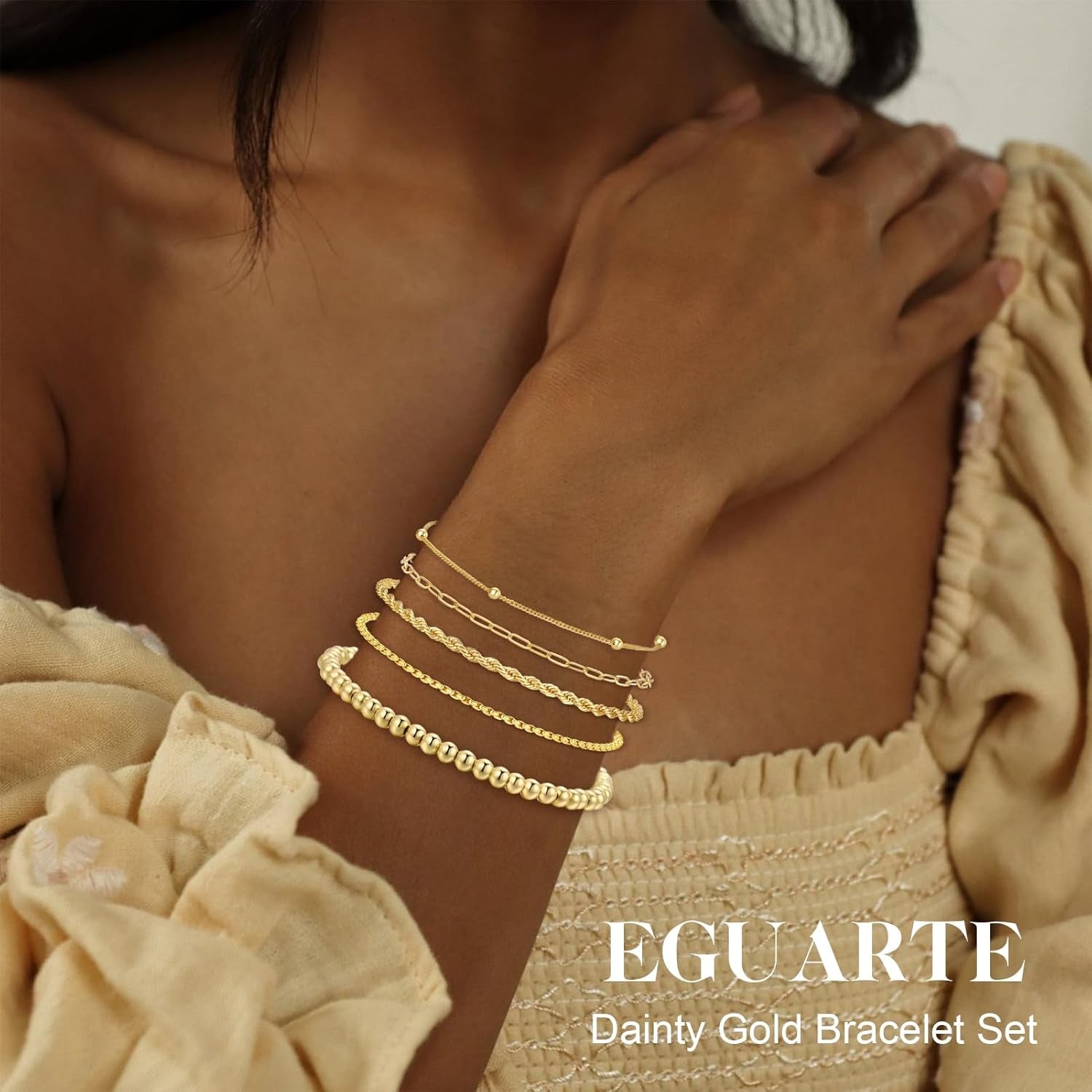 5Pcs Gold Bracelets for Women Trendy,Dainty 14K Real Gold Plated Jewelry Sets for Women,Waterproof,Thin Small Cute Chain Bracelets,Fashion Accessories Jewelry Gifts for Women Adjustable 7"+2"