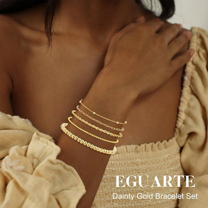 5Pcs Gold Bracelets for Women Trendy,Dainty 14K Real Gold Plated Jewelry Sets for Women,Waterproof,Thin Small Cute Chain Bracelets,Fashion Accessories Jewelry Gifts for Women Adjustable 7"+2"