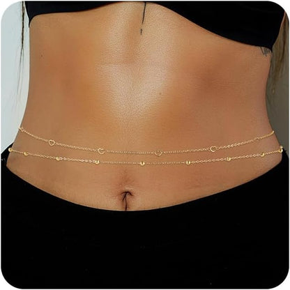 1PCS/2PCS Gold Waist Chain for Women - Adjustable Belly Chain Jewelry Accessories for Sexy Bikini, Waterproof Layered Summer Body Belt Chains for Beach, Party, 26.7"+9.8" Extender