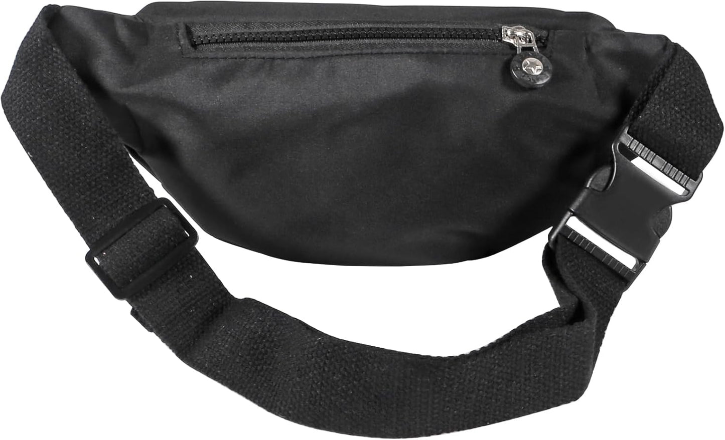 Three-zipper pocket compartments on black fanny pack