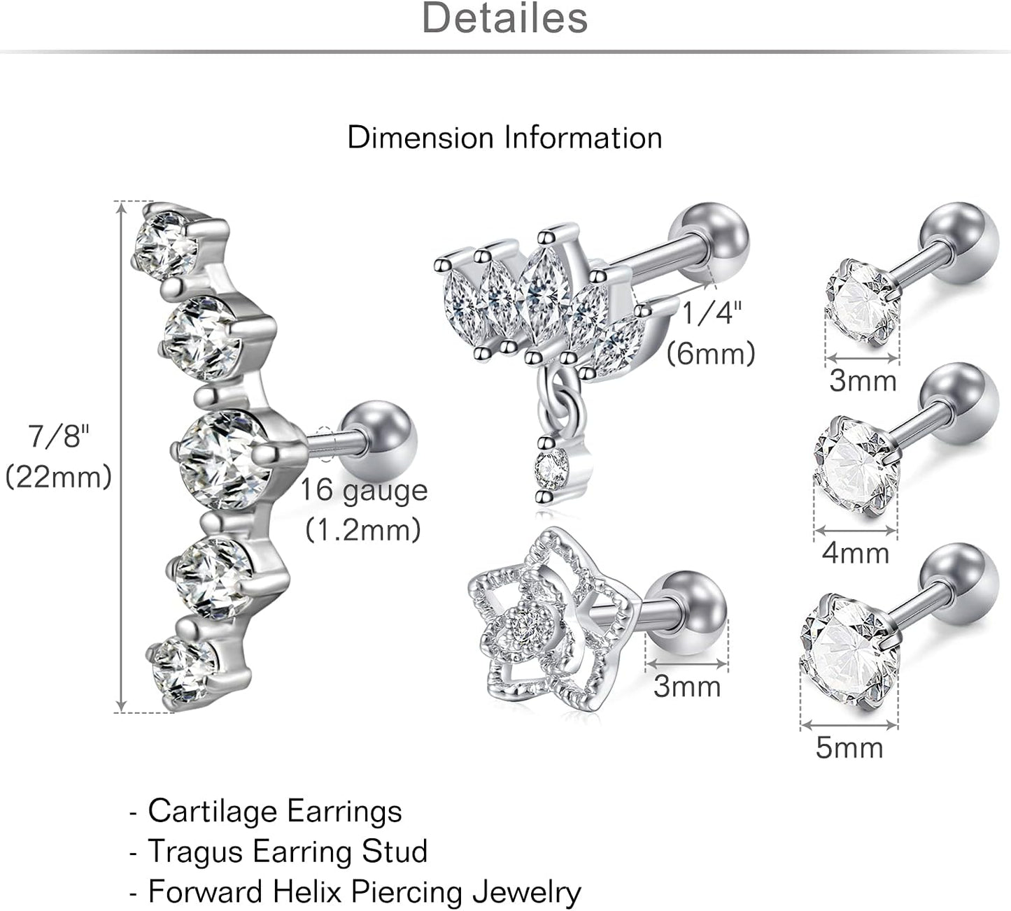 MODRSA 20G 16G Cartilage Earrings for Women Silver Gold Helix Piercing Jewelry Surgical Steel Hypoallergenic Flat Back Earrings Cartilage Hoop for Women Forward Helix Earring Tragus Jewelry Screw Back