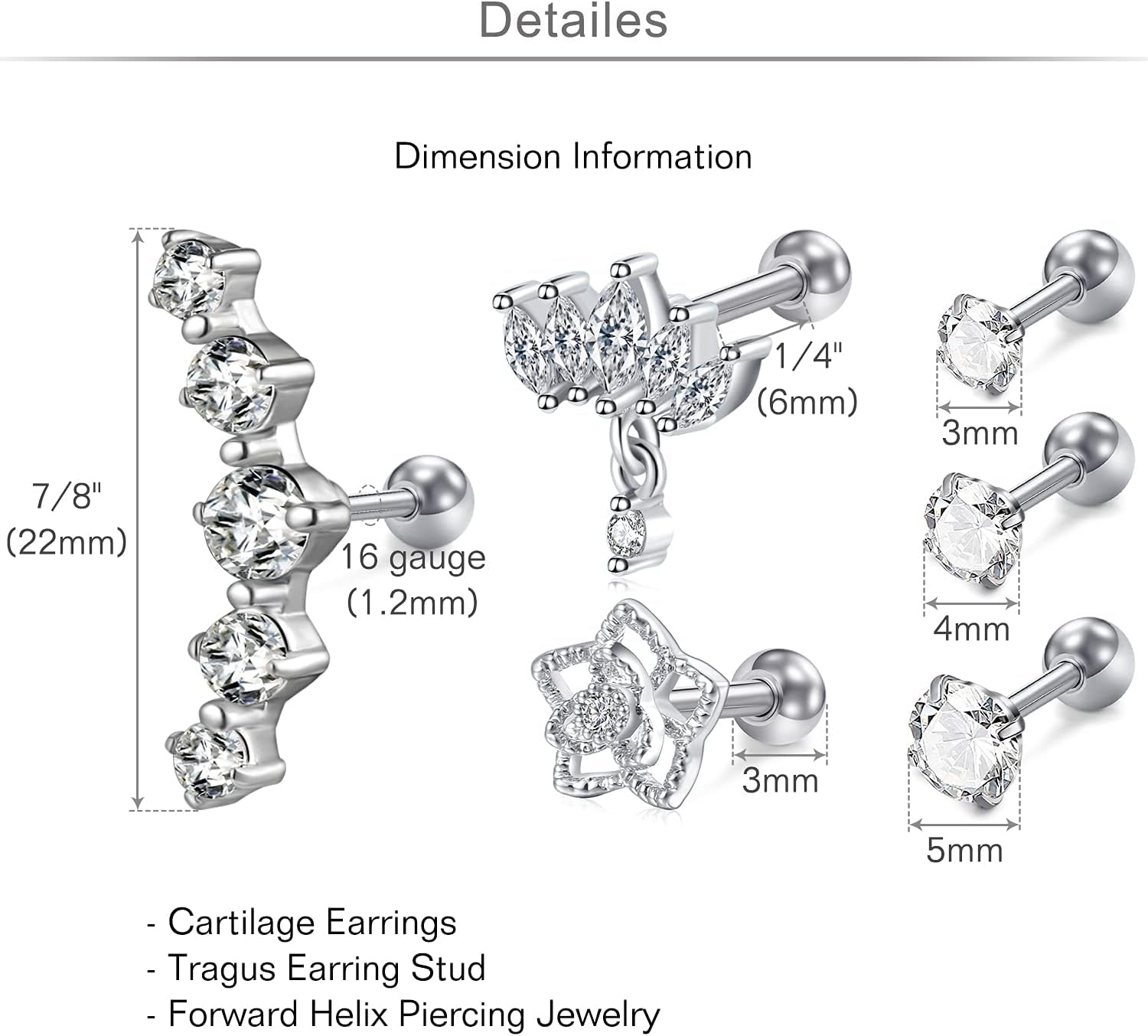 MODRSA 20G 16G Cartilage Earrings for Women Silver Gold Helix Piercing Jewelry Surgical Steel Hypoallergenic Flat Back Earrings Cartilage Hoop for Women Forward Helix Earring Tragus Jewelry Screw Back