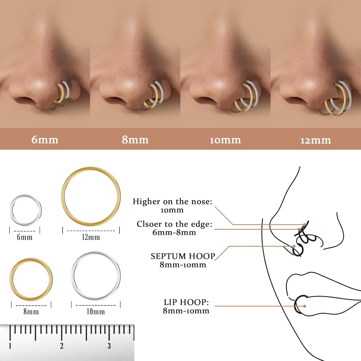 Hypoallergenic Nose Rings Hoops Set for Women Men: 8Pcs 18G Gold/Silver 316L Surgical Stainless Steel Nose Hoops Hinged Clicker Septum Rings for Nose Cartilage Body Piercing Jewelry 6Mm 8Mm 10Mm 12Mm