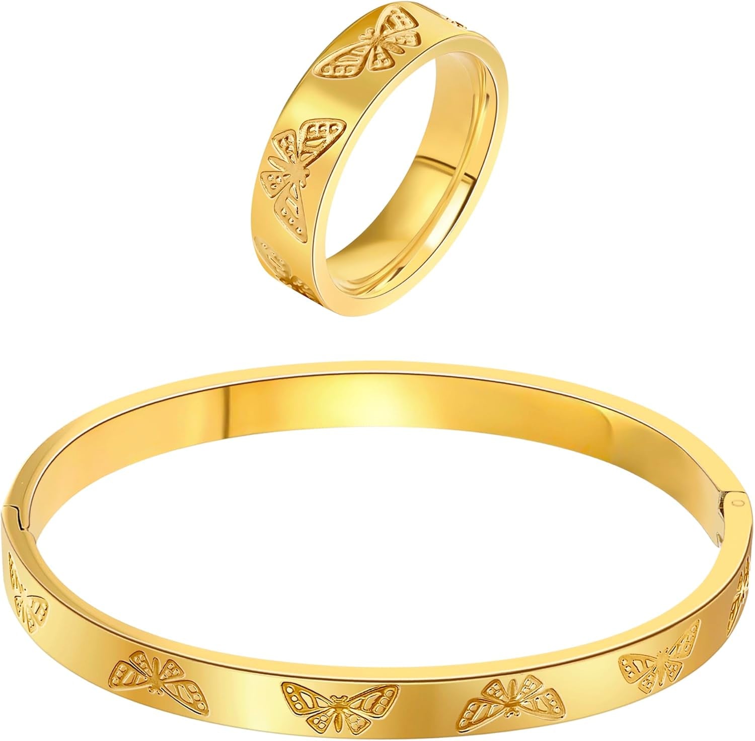 Gold Silver Butterfly Clover Bracelet Ring Set, Stainless Steel Cuff Bangle Jewelry Dainty Love Design for Women Wedding Birthday Gift