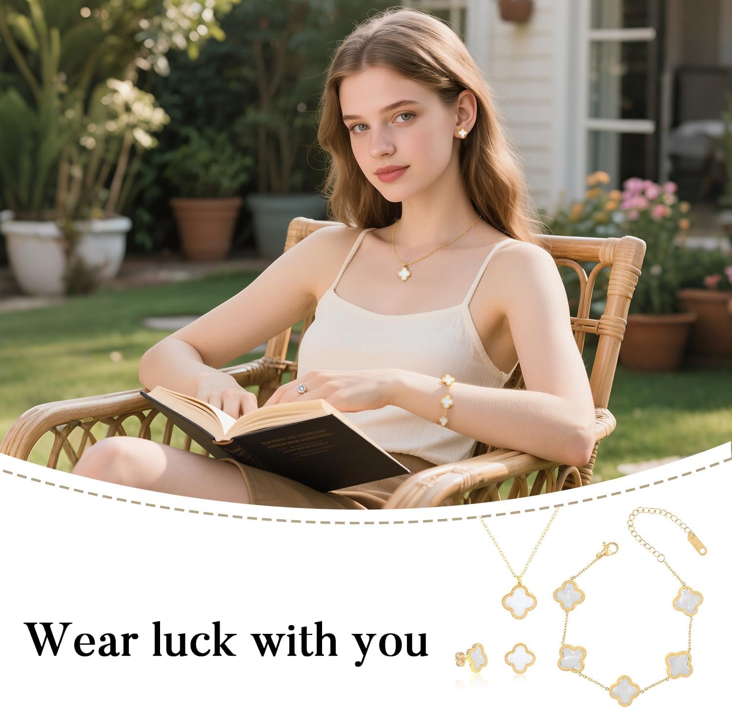 18K Gold Four Leaf Bracelets for Women, Necklace Pendant, Earrings,White Link Bracelet Exquisite Clover Jewelry Sets for Women Gift Christmas