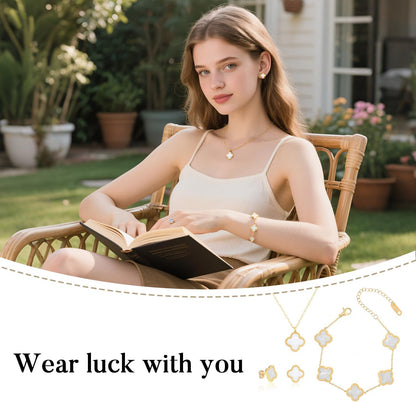 18K Gold Four Leaf Bracelets for Women, Necklace Pendant, Earrings,White Link Bracelet Exquisite Clover Jewelry Sets for Women Gift Christmas