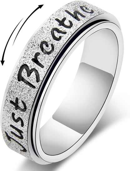 Fidget Spinner Ring for Women - Just Breathe Inspirational Hope Rings, Stainless Steel Anxiety Women'S Ring for Stress Relief, Thumb Rotating Rings for Adults Jewelry Gift for Her