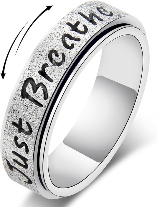 Fidget Spinner Ring for Women - Just Breathe Inspirational Hope Rings, Stainless Steel Anxiety Women'S Ring for Stress Relief, Thumb Rotating Rings for Adults Jewelry Gift for Her