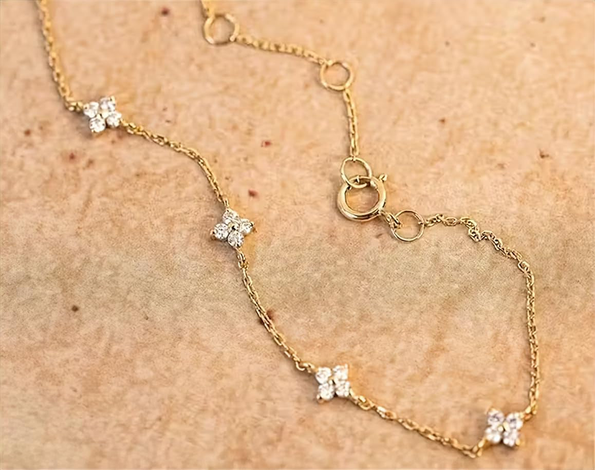 Dainty Clover Choker Bracelet Set for Women | 18K Gold Plated Cubic Zirconia Necklace and Link Bracelet | Four Leaf Lucky Jewelry for Her