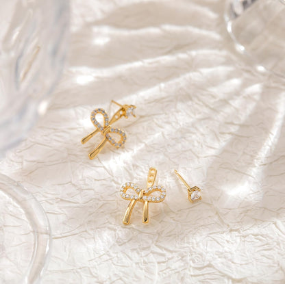 Risamil 14K Gold Plated/Silver Earrings for Women Trendy, Dainty Bow Earrings for Women Cute Pearl Huggie Earring Hoops Twist Rope Bow Stud Pearl Dangle Cubic Zirconia Earrings Jewelry Gifts