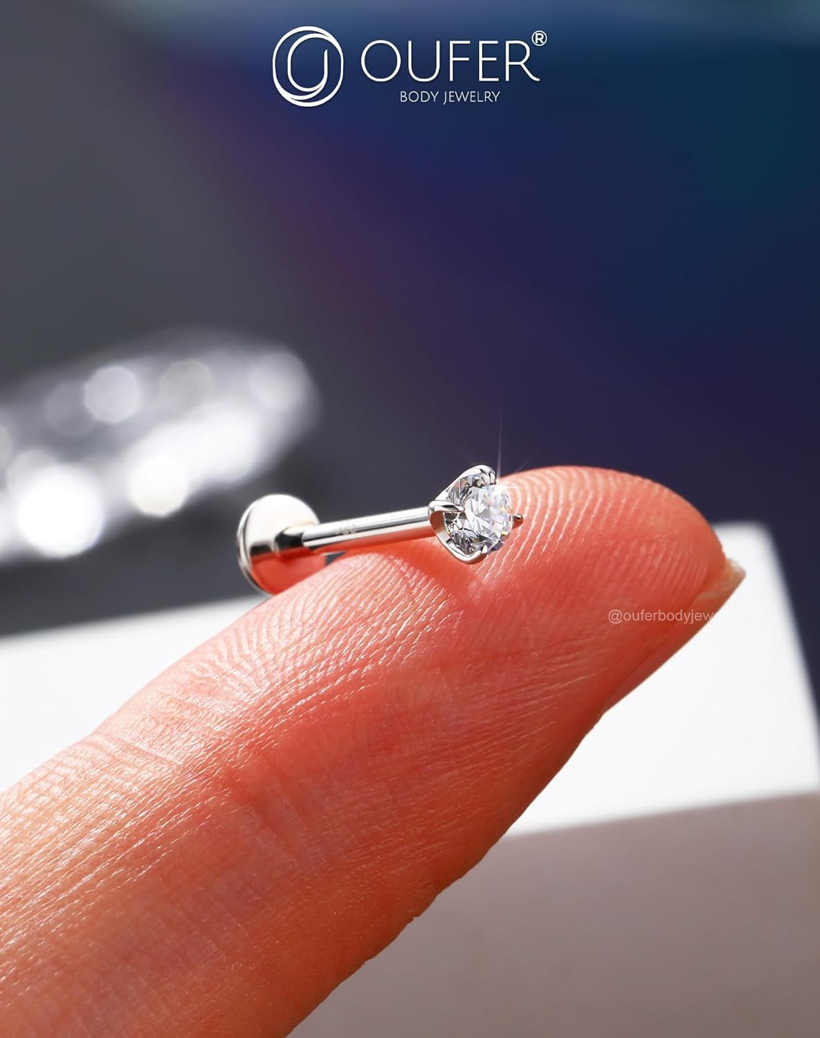 OUFER 925 Sterling Silver Flat Back Earrings, Clear CZ 16G Helix Piercing Jewelry, Silver Internally Threaded Cartilage Earrings Stud, Silver Lip Labret Rings for Women