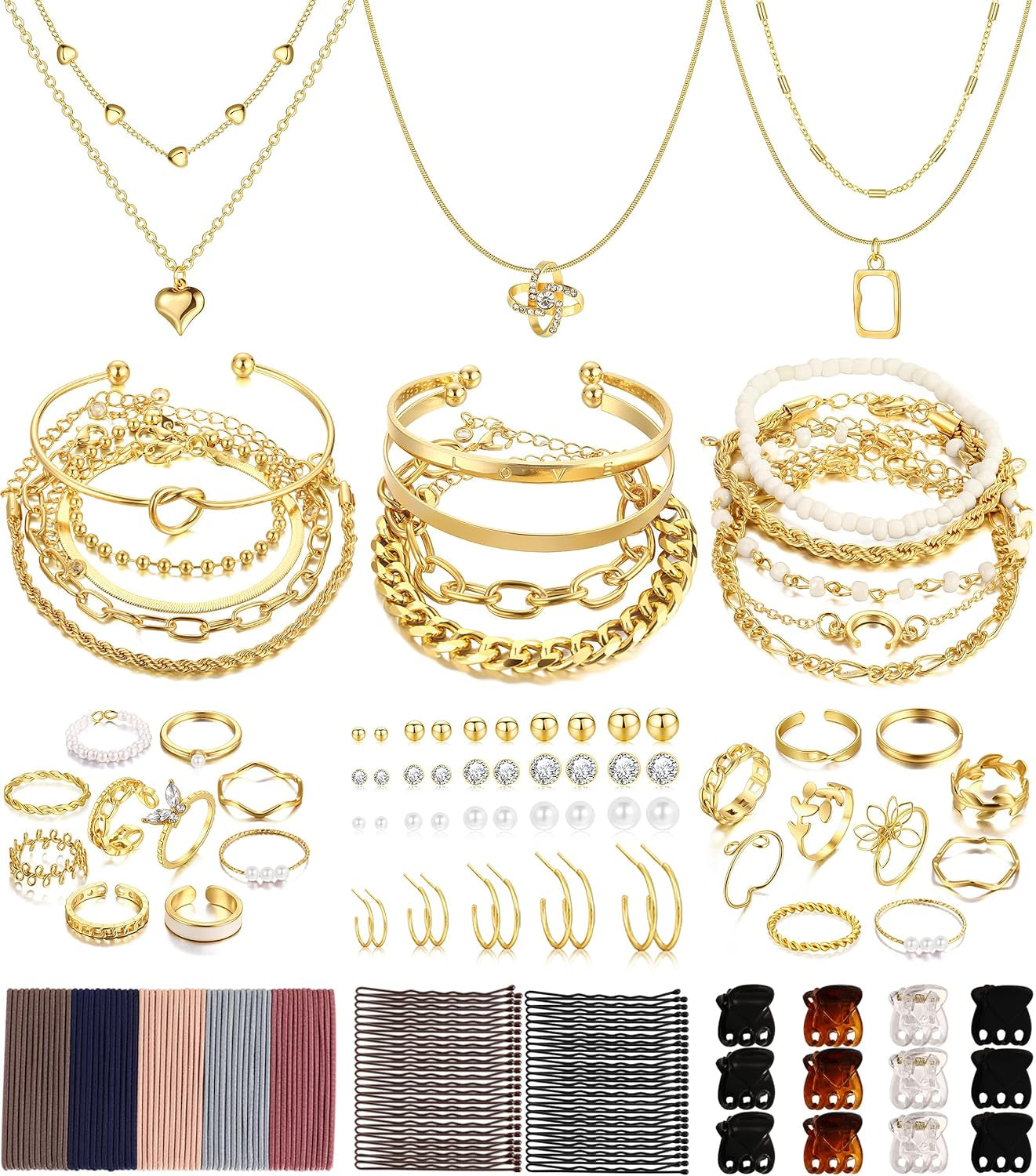 Gold jewelry set 68 pieces necklaces bracelets earrings rings for women