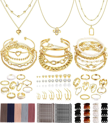 Gold jewelry set 68 pieces necklaces bracelets earrings rings for women