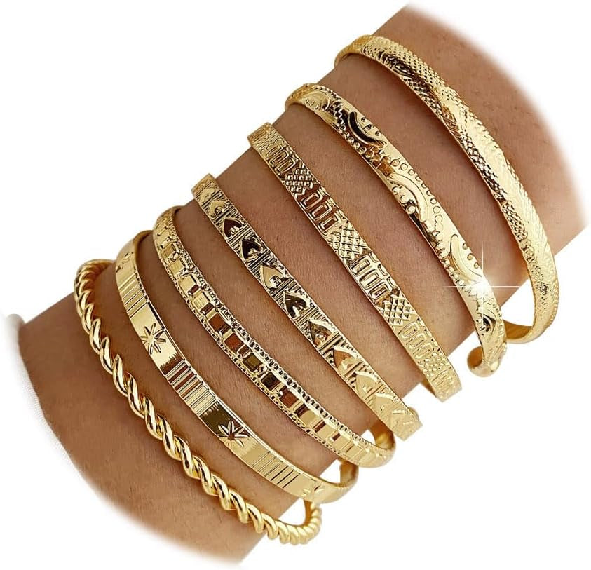 KISS WIFE Golden Bangles for Women, Adjustable Bangle Bracelets, Multi Layer Open Stackable Cuff Bracelet Set, Fashion Accessories Jewelry Gifts for Women