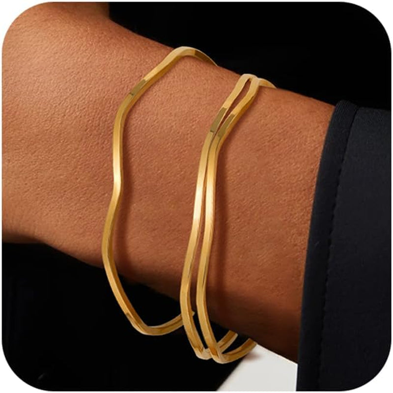 18K Gold Plated Bangles for Women Stainless Steel Glossy Stackable Thin round Bracelets Solid Plain Polished Bangles Bracelets Set of 3 Jewelry for Women