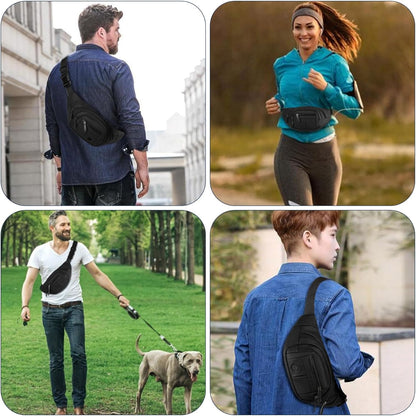 Black waist bag worn crossbody style on woman during hiking activity