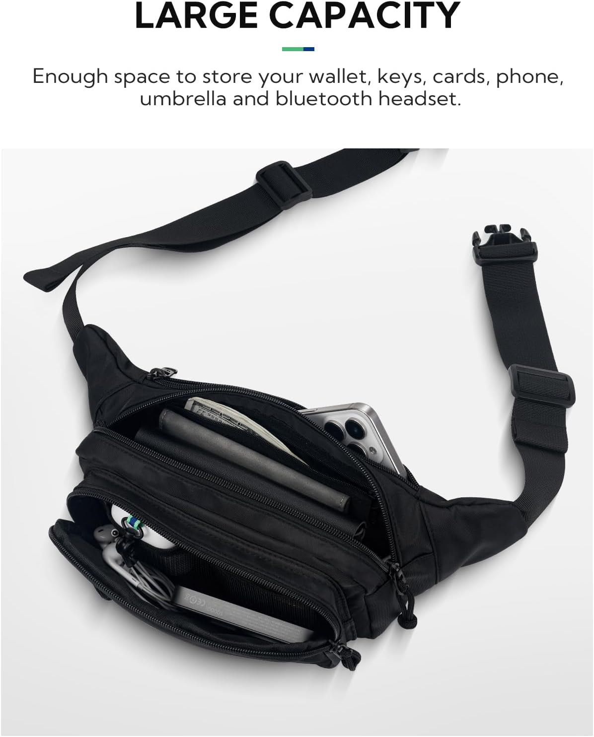 Front view of WATERFLY waist pack showing organized multi-pocket storage design