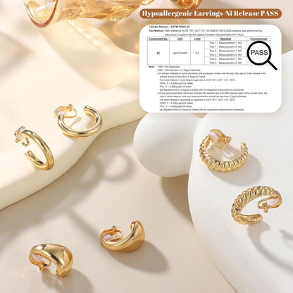 BESTEEL 3Pairs Clip on Earrings for Women Trendy Hypoallergenic 14K Gold Plated Chunky Tube Croissant Waterdrop Clip-On Hoop Earrings Set Fake Jewelry Non Pierced Ears