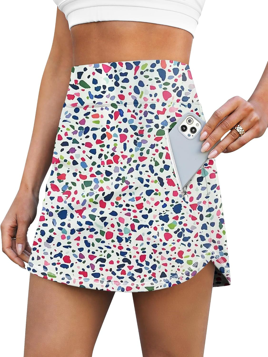 Golf skirt with built-in shorts showing length and fit
