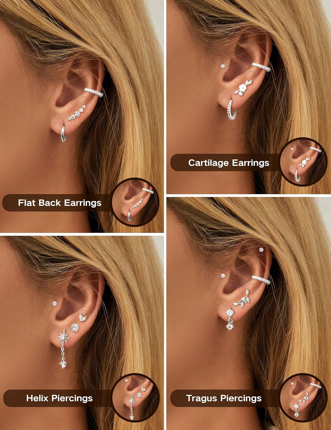 LOLIAS 16 Gauge Cartilage Earrings for Women Flat Back-Hypoallergenic Surgical Stainless Steel Stud Hoop Cartilage Earring Set Daith Conch Tragus Helix Piercing Jewelry Single PC