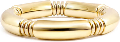 Gold Chunky Bangles Bracelets for Women 14K Gold Plated Stack Layered Curved Bamboo Tube Stretch Bracelets Gift Jewelry
