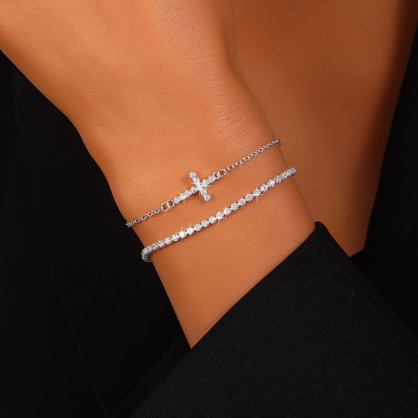 18K Gold Plated Cross Bracelet Bangle Set Silver Bracelets Flexible Wide Wristband Set Adjustable Gold Bangle Bracelet Stack for Women