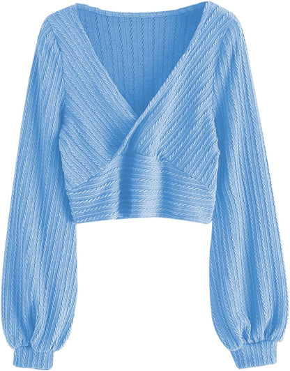 ZAFUL Women'S Pullover Ribbed Cropped Knitwear Drawstring Ruched Knitted Crop Top Solid V-Neck Long Sleeve T-Shirt