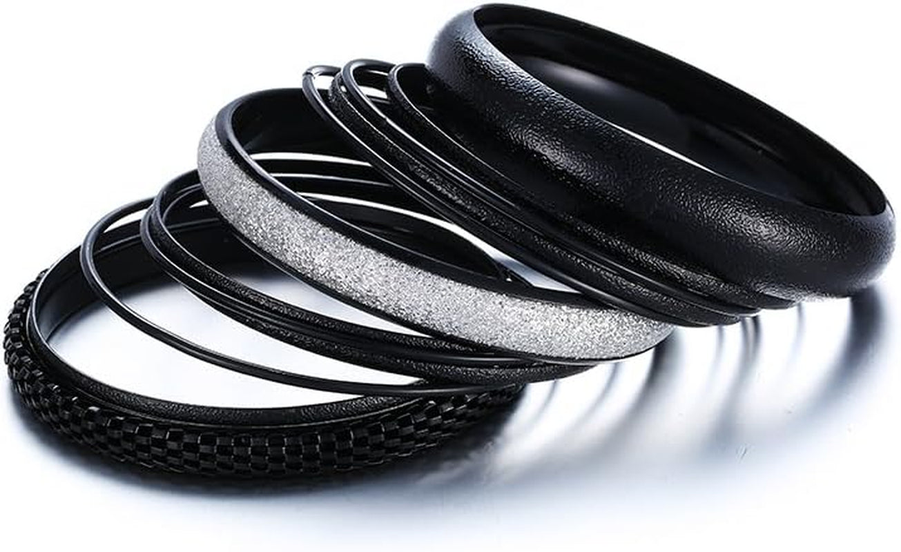 Ensoul Black W/Silver Glitter Multiple Metal Bracelets & Bangles Set for Women 12Pcs/Set
