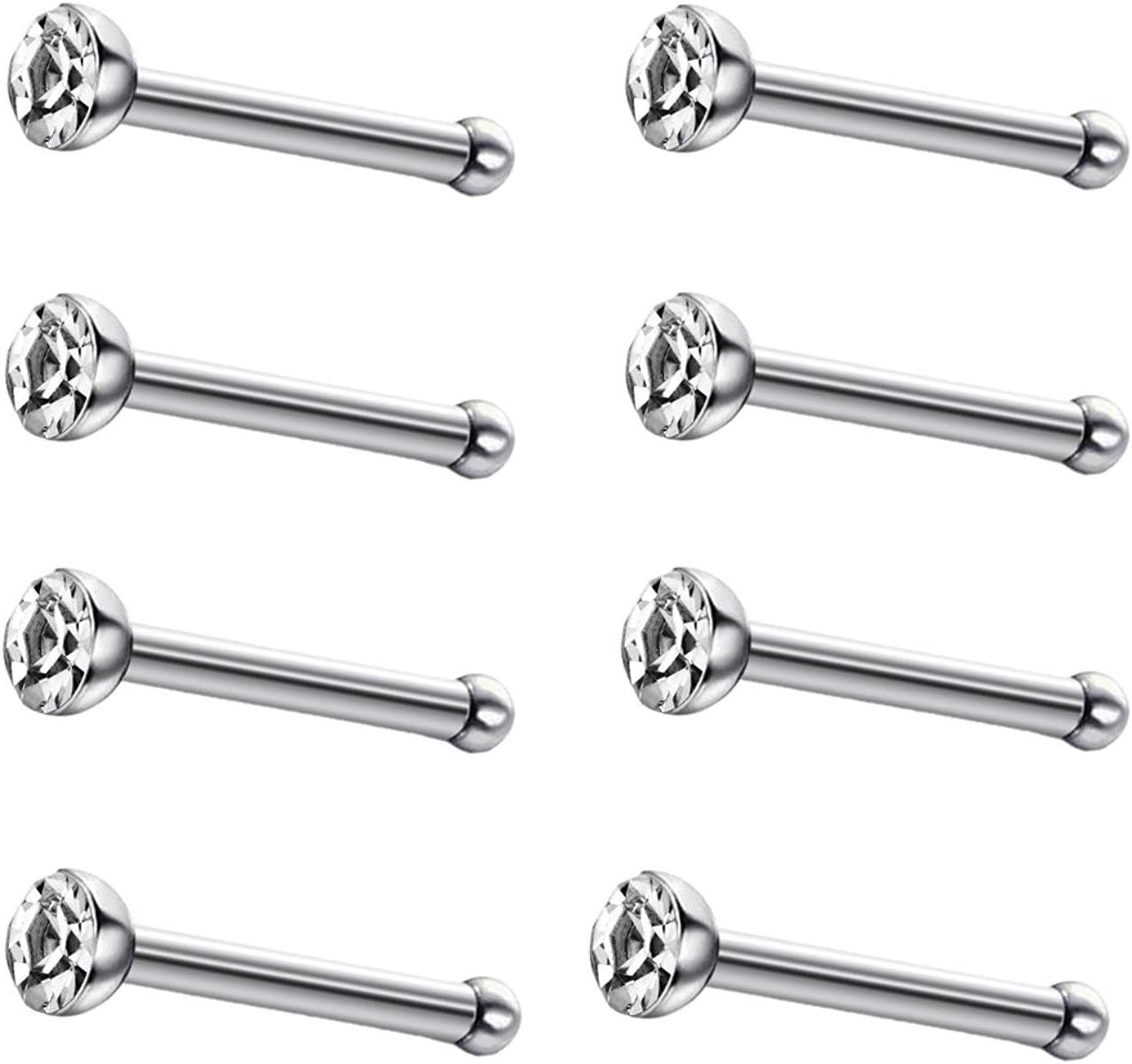JEWELRIESHOP 40Pcs Nose Studs Stainless Steel CZ Nose Rings Pins Piercing Jewelry Bone Studs for Women Men Hypoallergenic 22G