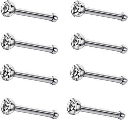 JEWELRIESHOP 40Pcs Nose Studs Stainless Steel CZ Nose Rings Pins Piercing Jewelry Bone Studs for Women Men Hypoallergenic 22G