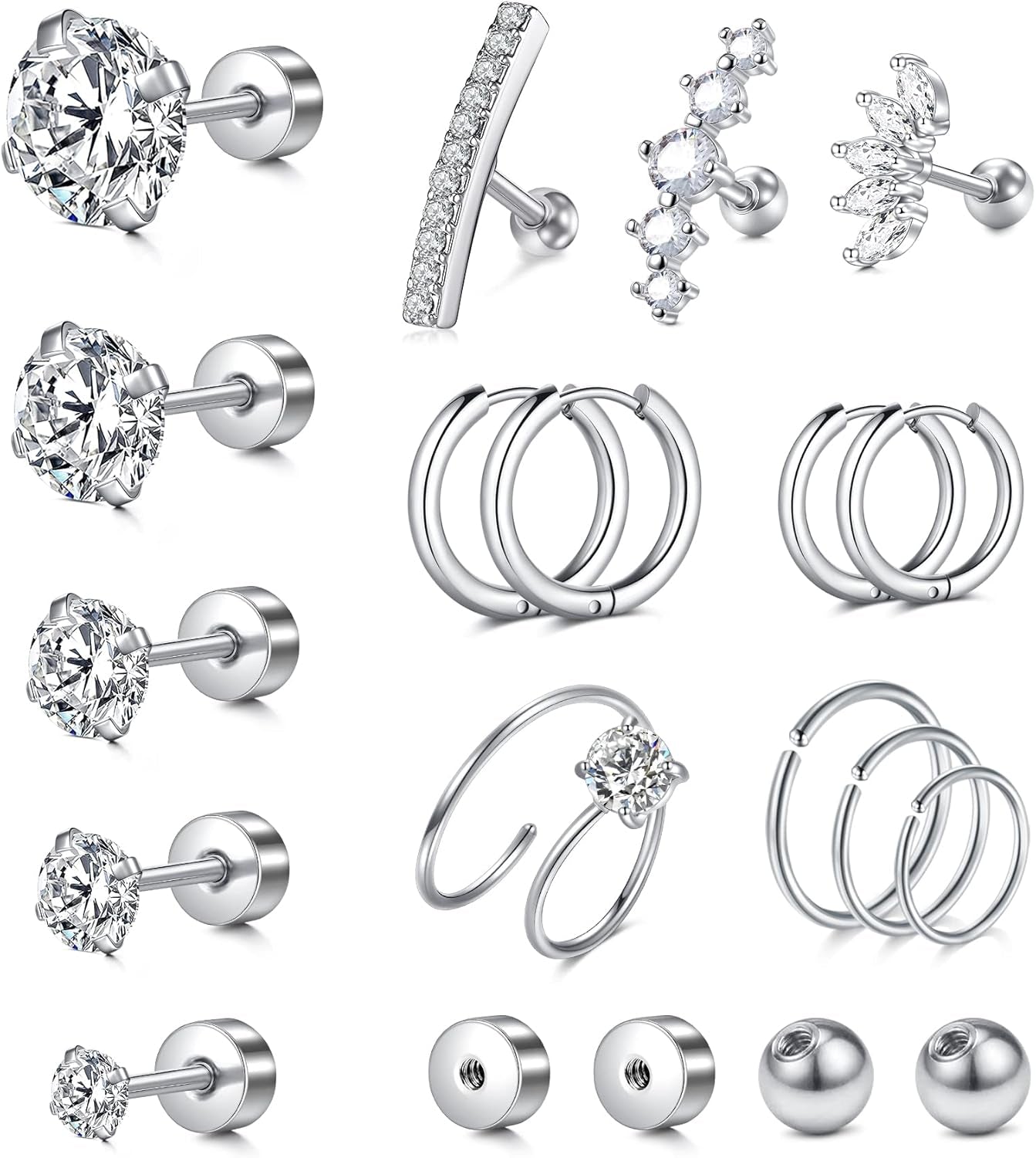 MODRSA 20G 16G Cartilage Earrings for Women Silver Gold Helix Piercing Jewelry Surgical Steel Hypoallergenic Flat Back Earrings Cartilage Hoop for Women Forward Helix Earring Tragus Jewelry Screw Back