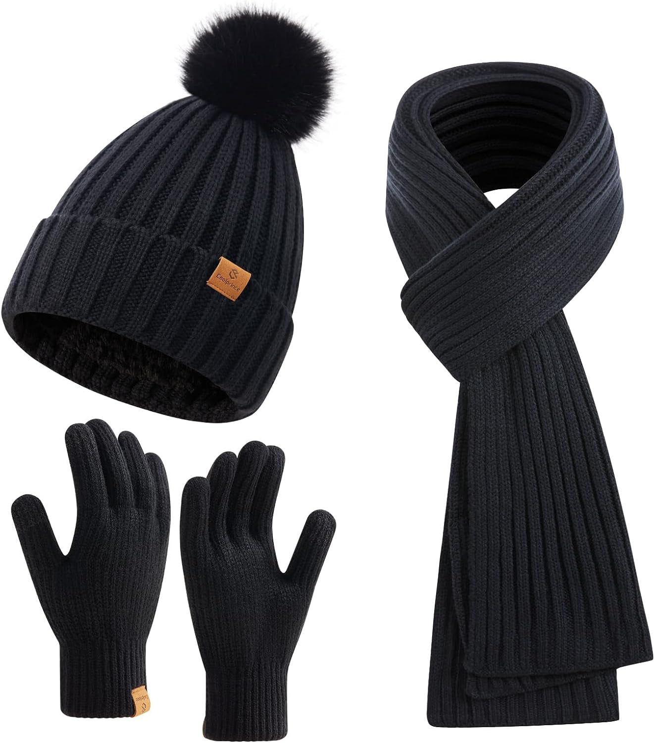 Coolprince Womens Long Scarf Gloves and Hat Set Cold Weather Hat Scarf Glove Set for Women Winter Beanie Hats with Pom Pom