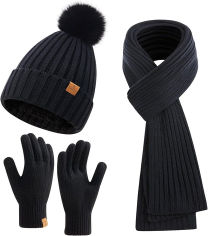 Coolprince Womens Long Scarf Gloves and Hat Set Cold Weather Hat Scarf Glove Set for Women Winter Beanie Hats with Pom Pom
