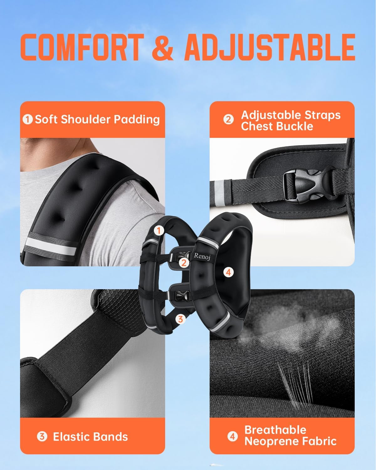 Renoj weighted training vest front view with reflective strips