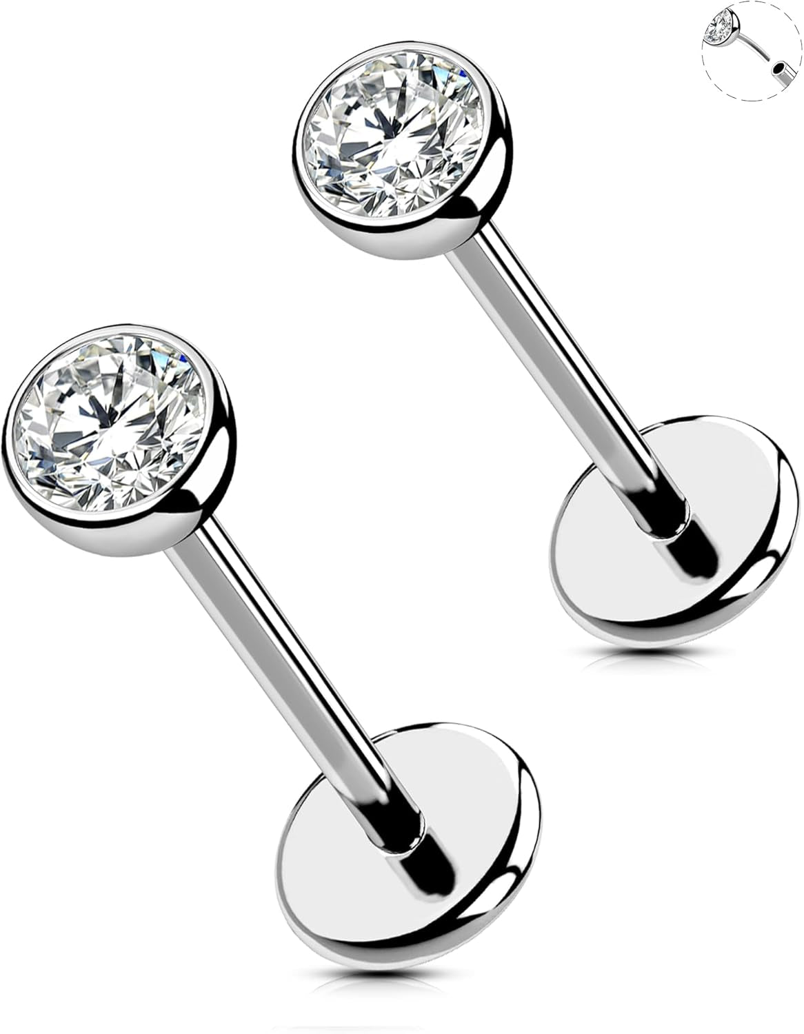 OUFER 2Pcs 20G/18G/16G G23 Titanium Threadless Nose Stud Earrings Flat Back Tiny CZ Small Nose Helix Cartilage Tragus Conch Labret Medusa Monroe Piercing Jewelry for Women Men