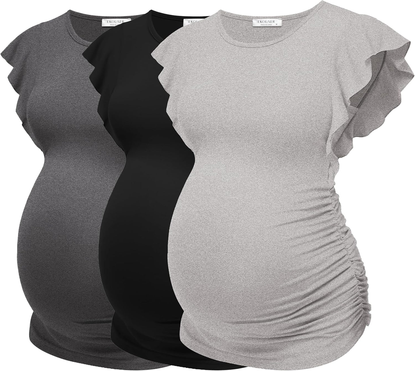 Ekouaer Women'S Maternity Shirts 3 Packs Flying Short Sleeve Pregnancy Tops Side Ruched Tunic Blouse Mama Clothes S-XXL