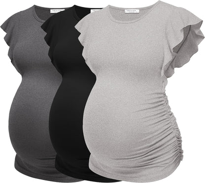 Ekouaer Women'S Maternity Shirts 3 Packs Flying Short Sleeve Pregnancy Tops Side Ruched Tunic Blouse Mama Clothes S-XXL