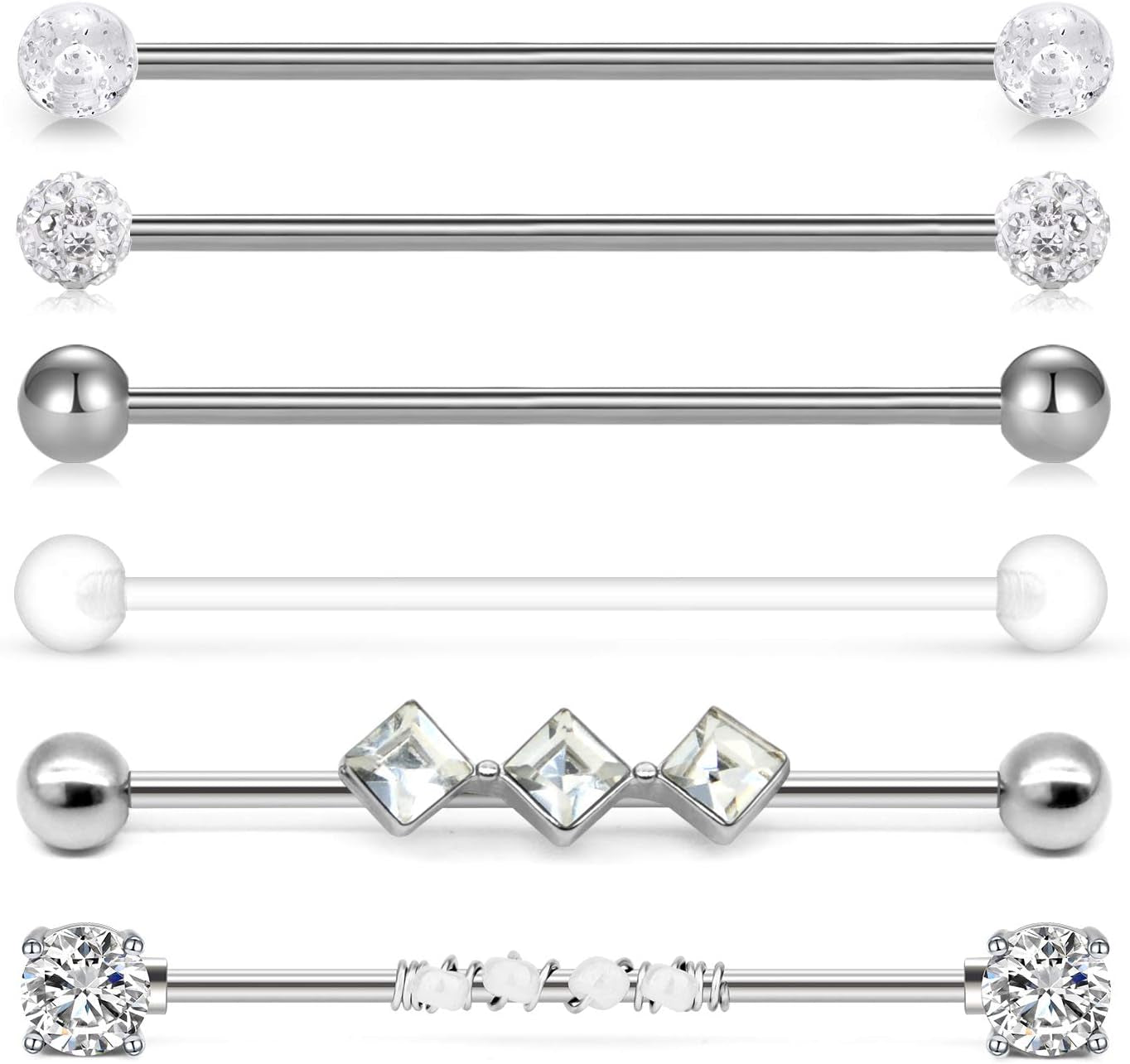 Incaton 14G Industrial Barbell Surgical Steel Cartilage Earrings CZ Industrial Earring Crystal Ferido Industrail Piercing 1 1/2"(38Mm) Bar Length