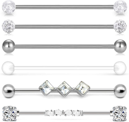 Incaton 14G Industrial Barbell Surgical Steel Cartilage Earrings CZ Industrial Earring Crystal Ferido Industrail Piercing 1 1/2"(38Mm) Bar Length