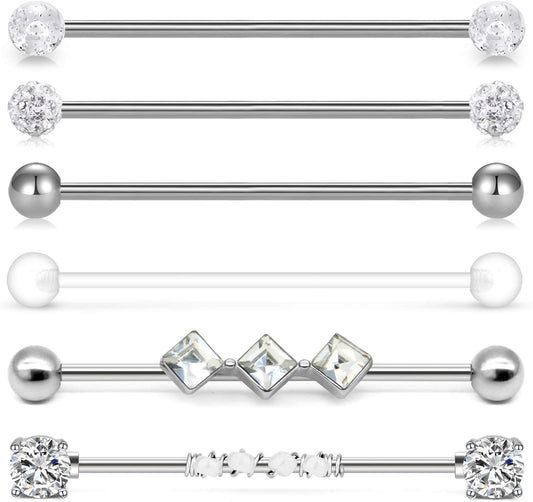 Incaton 14G Industrial Barbell Surgical Steel Cartilage Earrings CZ Industrial Earring Crystal Ferido Industrail Piercing 1 1/2"(38Mm) Bar Length