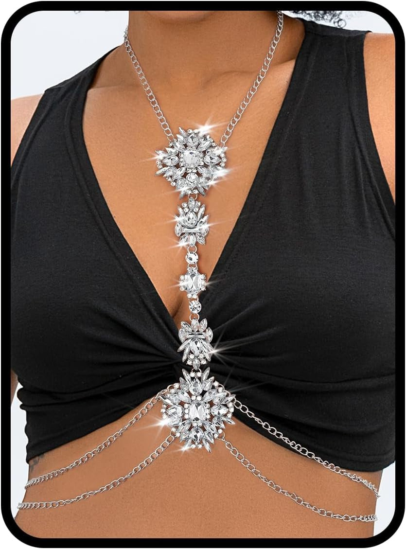 ELABEST Boho Rhinestone Statement Chest Chain Crystal Necklace Body Chain Summer Beach Body Jewelry Accessories for Women
