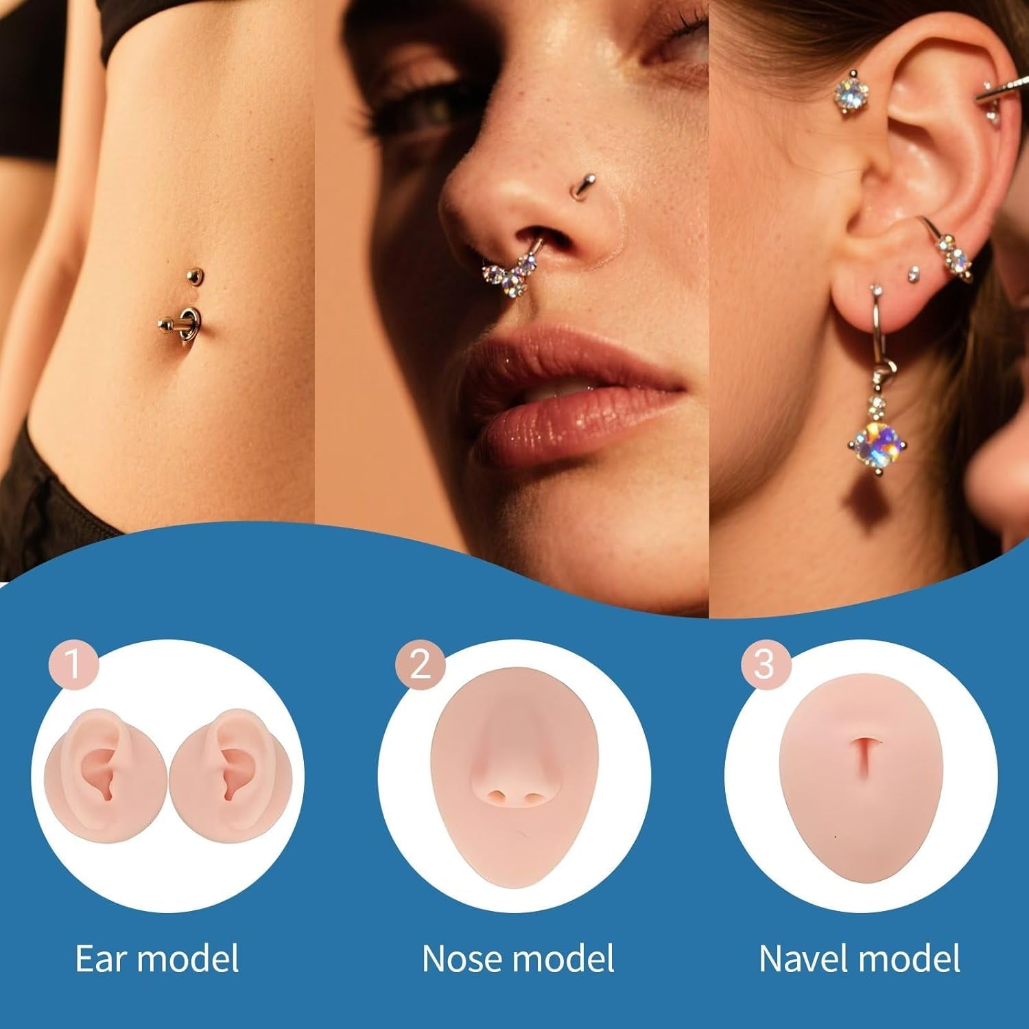 Piercing Kit Silicone Model Body Part Displays, 39 Body Piercing Kit,25Mixed 12G 14G 16G 18G 20G Ear Nose Piercing Needles 2 Piercing Clamps 6 Clean Tools 2 Gloves Soft Fake Nose Navel Ear 5D Model