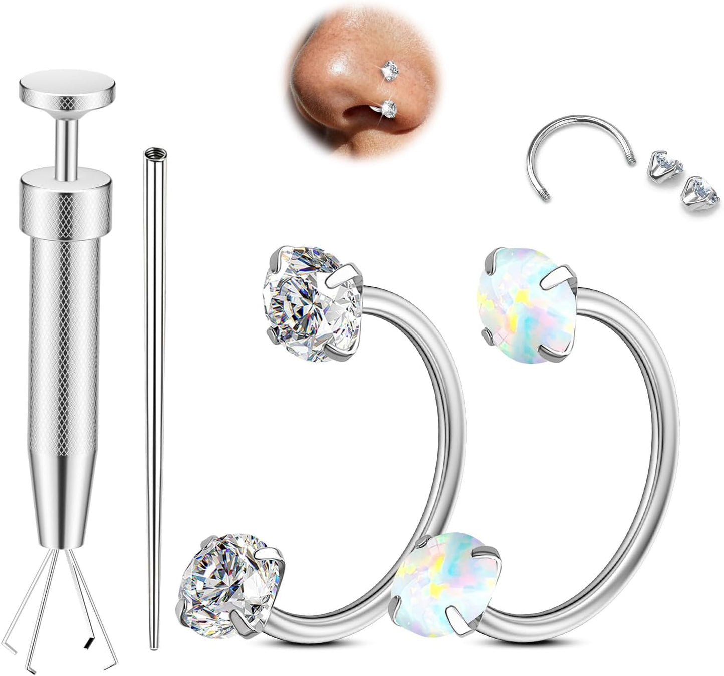 Opal Nose Ring Studs Horseshoe Nose Rings Hoops Stud 316L Stainless Steel Nose Rings round CZ Square Screw L Shaped Nose Stud Hypoallergenic Nostril Piercing Jewelry for Women Men